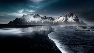 Vestrahorn mountain, Stokksnes, Beach, Snow covered, Evening, Dark, Cold, Mountains, Iceland, Black sand beach, 4K wallpaper