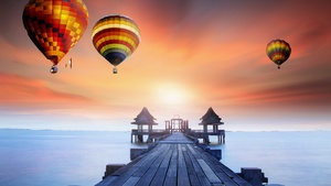 Wooden pier, Hot air balloons, Sunrise, Daylight, Foggy, Colorful, 4K wallpaper