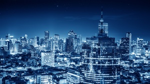Bangkok, Cityscape, City lights, Night, Metropolitan, Blue, Buildings, Skyscraper, Thailand, 4K wallpaper