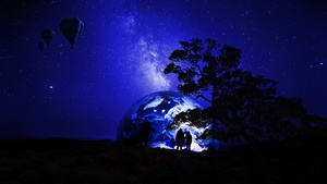 Couple, Dream, Earth, Night, Silhouette, Together, Romantic, Starry sky, Hot air balloons, 4K wallpaper