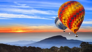 Hot air balloons, Landscape, Hills, Sunrise, Morning, Foggy, 4K wallpaper