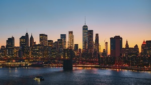 Manhattan, New York City, Manhattan Bridge, Cityscape, Sunset, Urban, Evening, City lights, 4K wallpaper