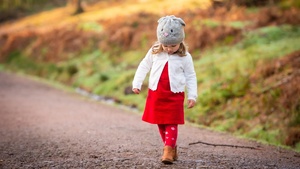 Cute Girl, Child, Adorable, Road, Red dress, Winter, Cold, 4K wallpaper
