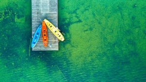 Wooden pier, Aerial view, Kayak boats, Lake, Drone photo, 4K wallpaper