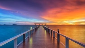 Wooden pier, Aesthetic, Sunset, Horizon, Resort, Dawn, Dusk, Vacation, Holidays, Phuket, Thailand, 4K wallpaper