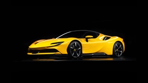 Ferrari SF90 Stradale, AMOLED, Hybrid cars, Sports cars, Black background, 2020, 4K wallpaper