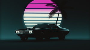 Muscle car, Retro, Vintage car, Sunset, Neon, Dark background, Dark aesthetic, 4K wallpaper
