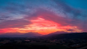 Sunset, Countryside, Mountains, Twilight, Afterglow, Red Sky, 4K wallpaper