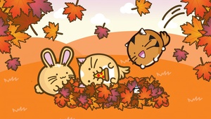 Fuzzballs, Autumn, Kawaii cartoon, Autumn foliage, Autumn season, 4K wallpaper