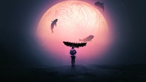 Explorer, Alone, Surreal, Dream, Fishes, Moon, Travel, 4K wallpaper