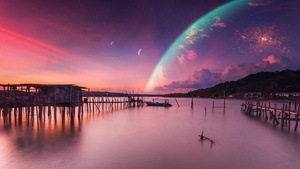 Dawn, Landscape, Sunset, Planets, Peaceful, Calm, Surreal, 4K wallpaper