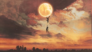 Moon, Falling, Couple, Silhouette, Surreal, 4K wallpaper