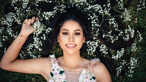 Smiling girl, Beautiful girl, White flowers, 4K wallpaper