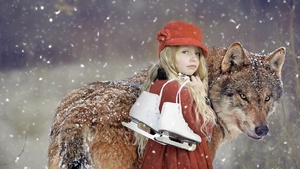 Cute Girl, Wolf, Snowfall, Winter, Pet, Pretty, 4K wallpaper