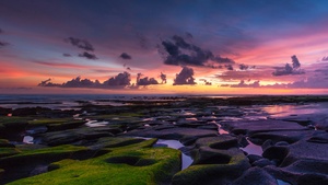 Rocky beach, Coastline, Sunset, Horizon, Dusk, Indonesia, 4K wallpaper