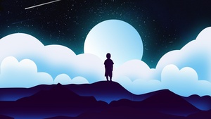 Boy, Silhouette, Kid, Alone, Moon, Night, Clouds, Illustration, Starry sky, 4K wallpaper