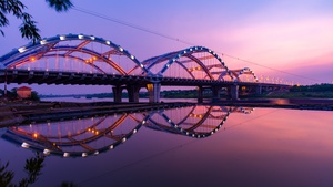 Dragon Bridge, Sunset, Dawn, Reflection, Arch bridge, Hàn River, Vietnam, 4K wallpaper