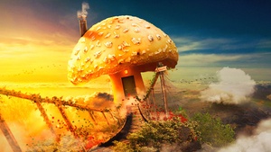 Mushroom house, Surreal, Bridge, Dream, Clouds, 4K wallpaper