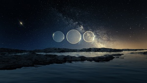 Seashore, Dusk, Circles, Starry sky, Sunset, Fusion, 4K wallpaper