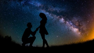Couple, Lovers, Proposal, Silhouette, Starry sky, Romantic, 4K wallpaper