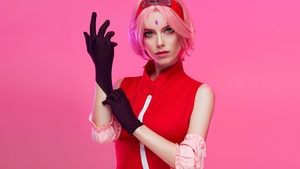 Sakura Haruno, Cosplay, Naruto Shippuden, Pink background, 4K wallpaper
