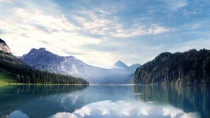 River, Mountains, Forest, Sunny day, Landscape, 4K wallpaper