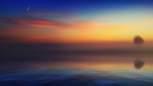 Horizon, Landscape, River, Morning fog, Crescent Moon, 4K wallpaper