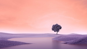 Lone tree, Surreal, Landscape, Spring, Lake, Digital composition, Purple aesthetic, 4K wallpaper