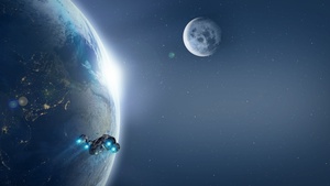 Spaceship, Earth, Moon, Planets, Stars, Blue, 4K wallpaper