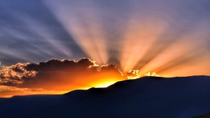 Sunset, Hills, Sun rays, Clouds, 4K wallpaper