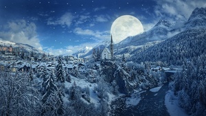 Winter, Moon, Frozen, Forest, Village, Snowfall, 4K wallpaper