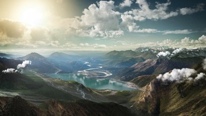 Summer, Landscape, Mountain range, Lake, Sunny day, Sunlight, Clouds, 4K wallpaper