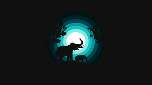 Elephant, Elephant cub, Silhouette, Night, Teal, Black background, Simple, 4K wallpaper