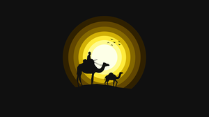 Camels, Sun, Silhouette, Yellow, Black background, Simple, 4K wallpaper