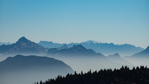 Mountain range, Foggy, Morning, Serene, Clear sky, France, 4K wallpaper