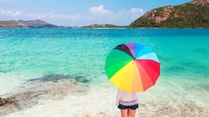 Beach, Girl, Umbrella, Sea, Fashion, Sunny day, Summer, 4K wallpaper