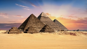 Egyptian Pyramids, Sunset, Seven Wonders of the Ancient World, Scenic, Tourist attraction, The Great Pyramid of Giza, 4K wallpaper