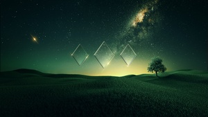 Starry sky, Sunset, Nebula, Green, Landscape, Fusion, Illusion, 4K wallpaper
