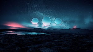 Night, Landscape, Aurora Borealis, Hexagons, Starry sky, Fusion, 4K wallpaper