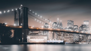 Brooklyn Bridge, Night, City lights, Cityscape, Reflections, Hudson River, Brooklyn, New York, USA, 4K wallpaper
