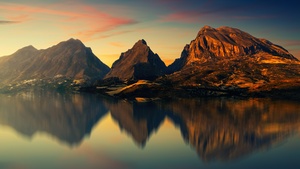 Mountains, River, Reflection, Aesthetic, Evening, Dusk, 4K wallpaper