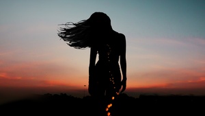 Girl, Aesthetic, Silhouette, Mood, Bokeh, Evening sky, Dusk, 4K wallpaper