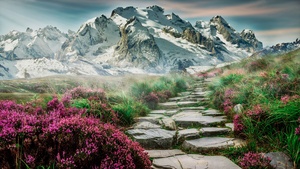 Mountains, Path, Hill, Spring, Aesthetic, Landscape, Scenery, Stone staircase, Girly, 4K wallpaper