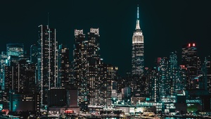 New York City, Starry sky, Cityscape, Night, City lights, Half moon, 4K wallpaper