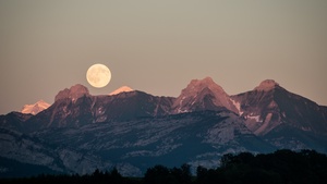 Mountains, Moon, Scenic, France, 4K wallpaper