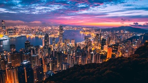 Hong Kong, Cityscape, Night, City lights, Metropolitan, Twilight, Skyline, Aerial view, 4K wallpaper