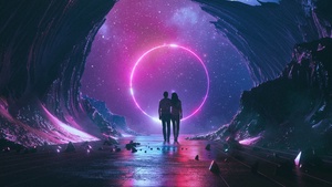 Neon, Couple, Dream, Starry sky, Rocks, Silhouette, Colorful, Aesthetic, 4K wallpaper