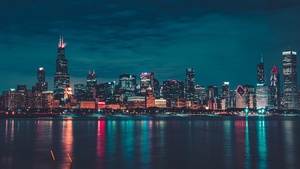 Chicago, Night, City lights, Cityscape, Reflections, Skyline, 4K wallpaper