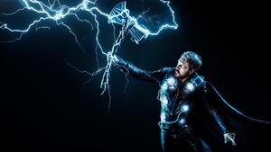 Thor, Stormbreaker, God of Thunder, Dark background, Marvel Superheroes, Lightning Strike, 4K wallpaper