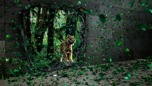 Tiger, Mystical Forest, Jungle, Surreal, Wildlife, Green leaves, Concrete, Portal, Dreamlike, 4K wallpaper